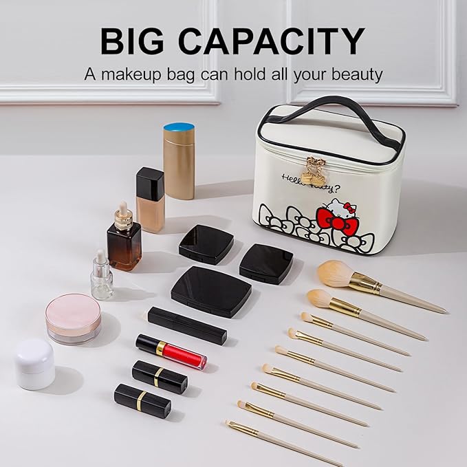 Vimanllie Makeup Bag Large Waterproof Cosmetic Bag with Dedicated Brush Holder,Cute Printed Makeup Organizer for Women Traveling,Portable Toiletry Bag for Girls