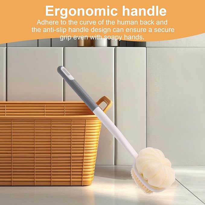 XDMURYM Long Handled Shower Brush for Cleaning Body,Double-Sided Bath Brush for Massage with Bristles and Loofah,Body Brush Exfoliator Mesh Sponge for Women and Men(Gray)