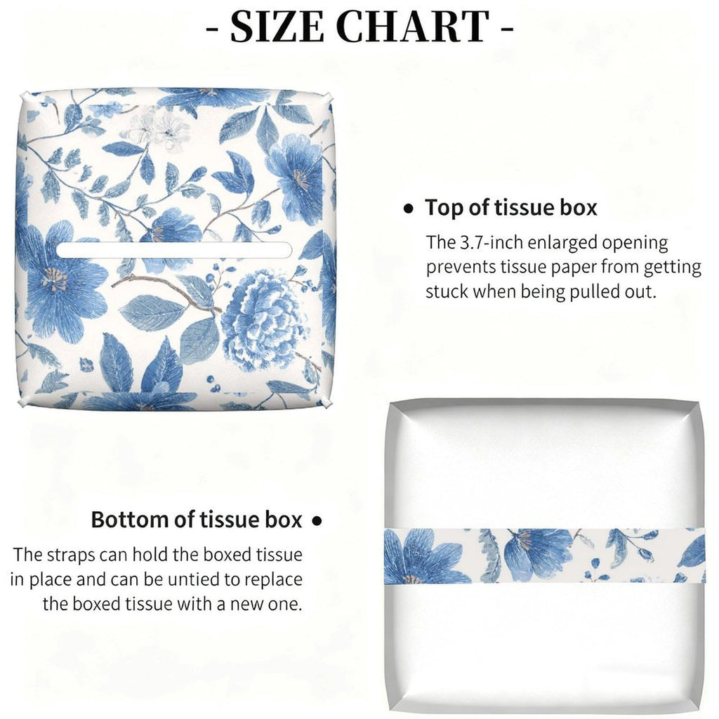 Floral Tissue Box Cover Blue Leather Tissue Box Holder Square Facial Paper Organizer Dispenser for Bathroom Kitchen Bedroom Vanity Countertop Night Stands