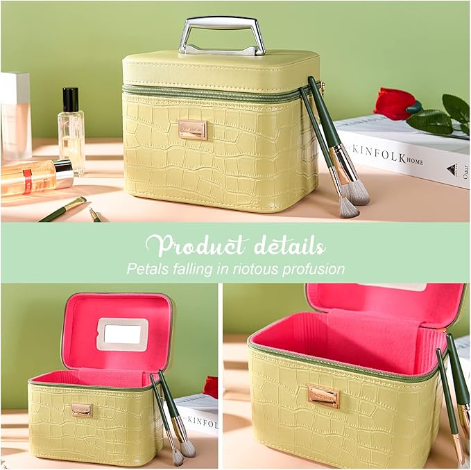 Sluxa Fashion makeup box, Portable leather hard cosmetic case with mirror, Professional train case make up box for women adults. (Green)
