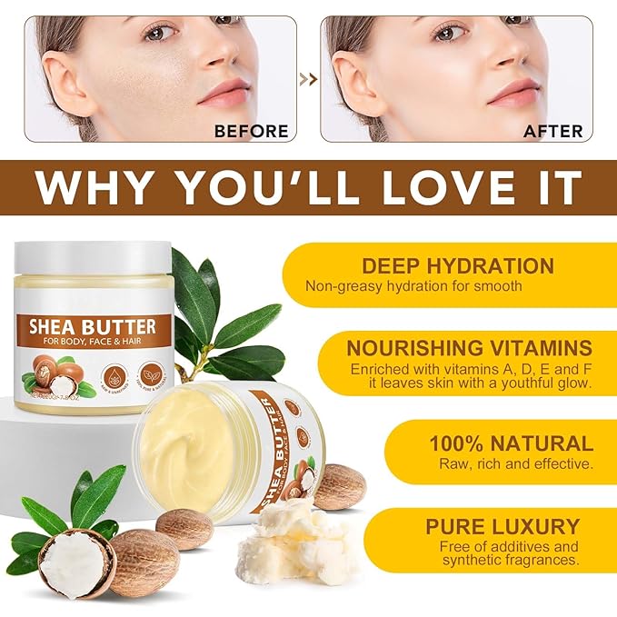 IRSRDOQU Shea Butter Raw, 2 Pack Shea Butter for Face & Body with Vitamin A,and F, Hand Cream, Long-Lasting Hydration & Deeply Moisturizing for Dry & Cracked Skin, SkinCare, Keeps Skin Healthy