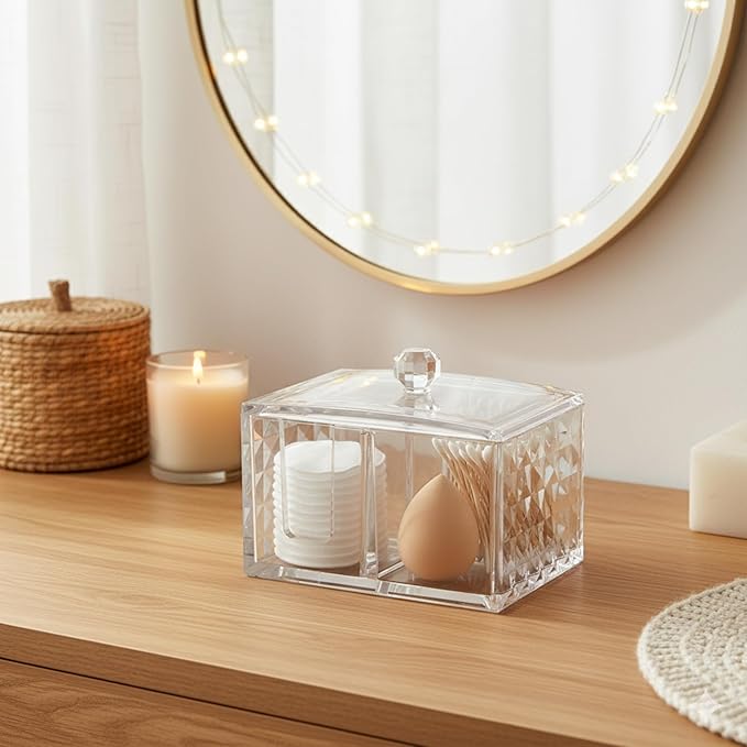 OYATON Cotton Swab Holder - Compact Bathroom Canister with Lid and 3 Compartments for Organizing Cotton Ball, Swab, Pad - Acrylic Bathroom Storage Jar Compatible with Q Tips