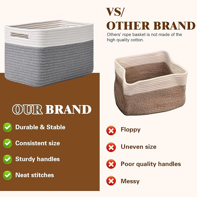 Storage Baskets for Organizing, 4 Pack Baskets for Shelves, Decorative Storage Bins for Shelves, Cotton Rope Storage Basket with Handles, Woven Basket for Storage, 13''Lx8.7''Wx7.9''H, White & Gray