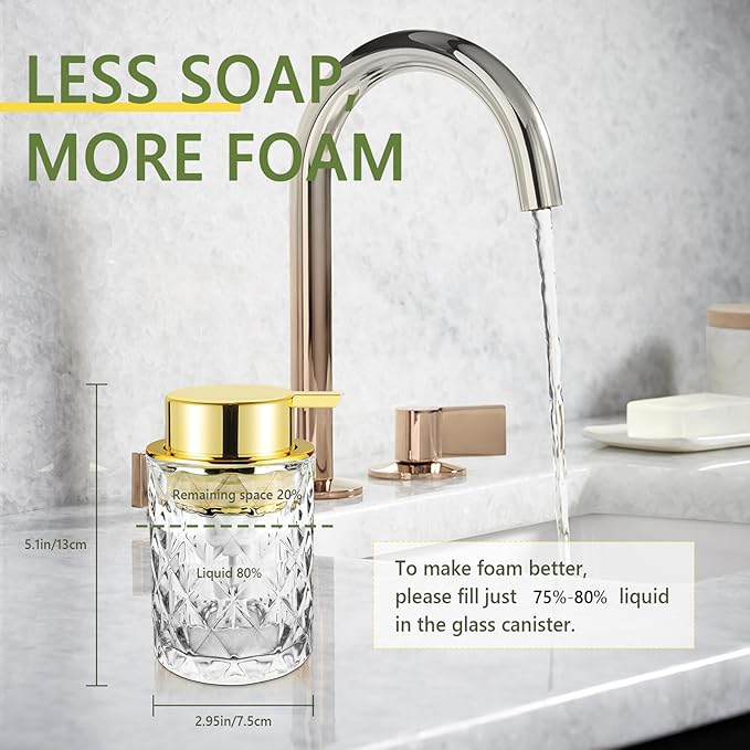 Abriclo Glass Foaming Soap Dispenser 2 Pack Refillable Foaming Hand Soap Dispenser with Gold Large Pump Wide Opening for Bathroom Kitchen Countertop Modern Home Decor with Elegant Pattern, Transparent