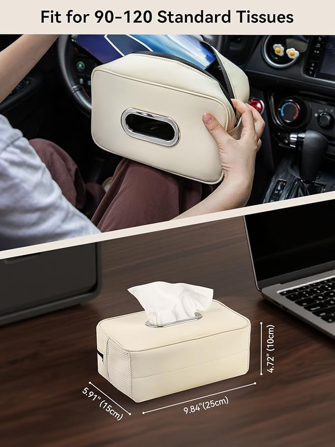 2 Pack Multi-functional Car Tissue Holder with ‌2 Tuck Nets, Upgraded PU Leather Tissue Box Cover, Large Rectangle Napkin Storage Organizer, Keep Car Tidy, White