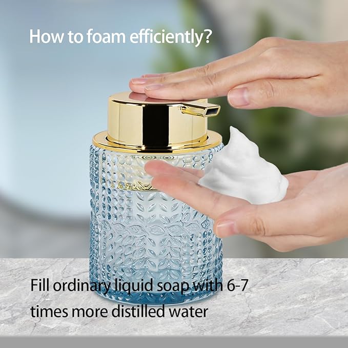 Fvstar Glass Foaming Soap Dispenser,Foam Dispenser Bottle with Large Pump,Wide-Mouthed and Easy to Press,Refillable Hand Soap Dispenser for Bathroom Countertop and Kitchen Decor (1, Blue)