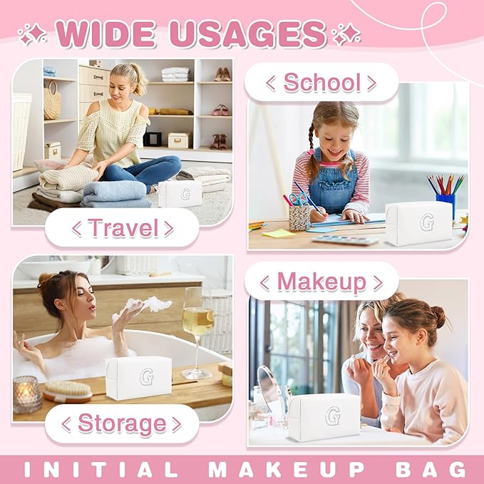 Bride Gifts – Personalized Initial Makeup Bag with Pearl Rhinestone Patch, Preppy White Monogram Cosmetic/Toiletry Pouch, bridesmaid Gifts, Bridal Shower Gifts, Wedding Gifts, Bridal Gifts,G
