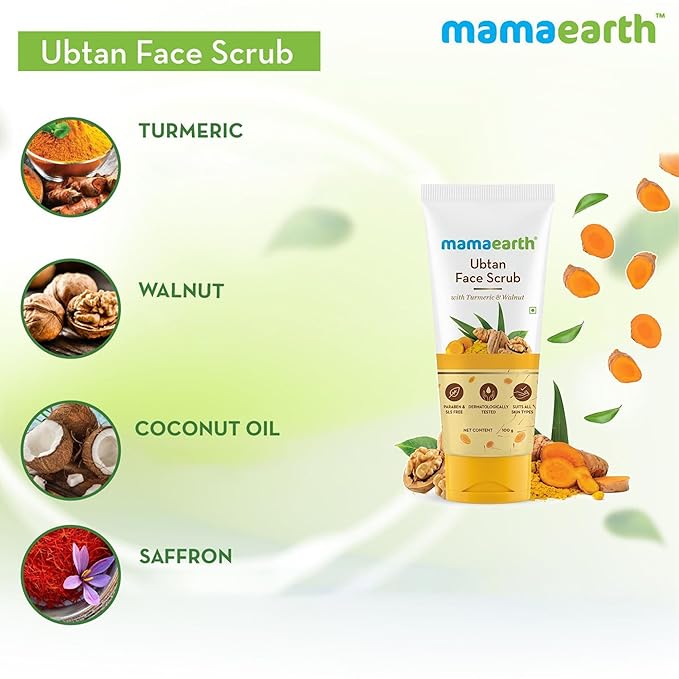 Mamaearth Ubtan Face Scrub with Turmeric & Walnut | De Tan Scrub Helps Remove Sun Tan & Dead Skin | Gently Exfoliates & Hydrates Skin | 3.53 Oz (100g)