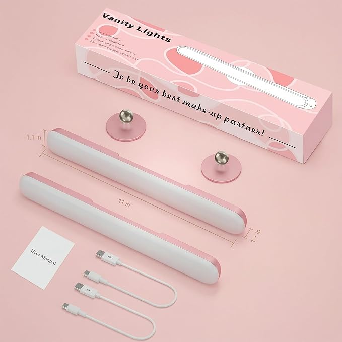 Benreom 2 Pack Wireless Vanity Lights for Mirror, Magnetic LED Bars, Pink