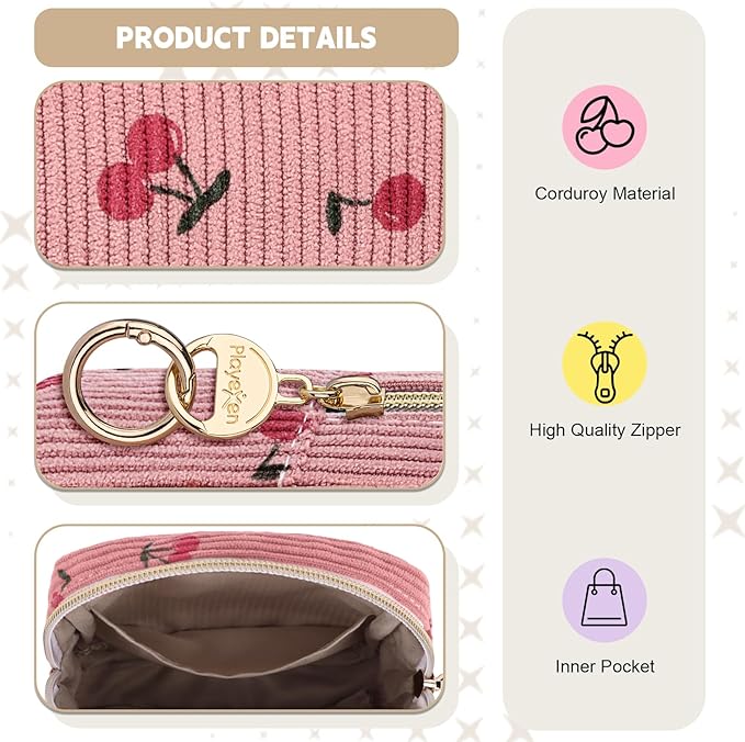Cute Period Bag for Teen Girls, Corduroy Sanitary Napkin Storage Bag, Menstrual Pad Pouch Tampon Holder for Purse (Cherry-Beige)