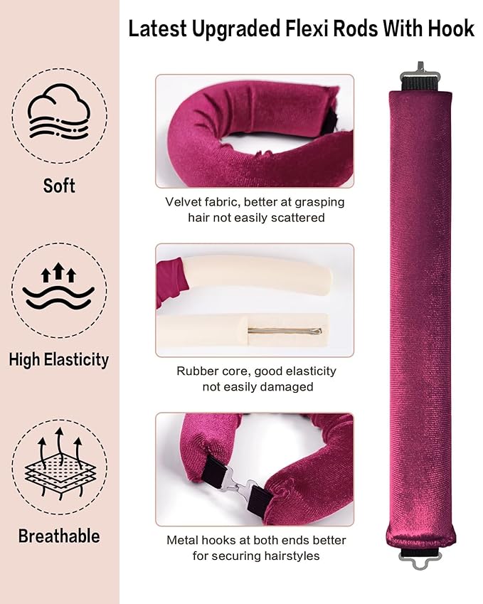 Seritant Heatless Curls Overnight with Satin Head Scarf, Velvet Hair Rollers for Blowout Look, No Heat Curling Rod for Long Thick Hair, Soft Sleep In Flexi Rods - 4PCS(7)