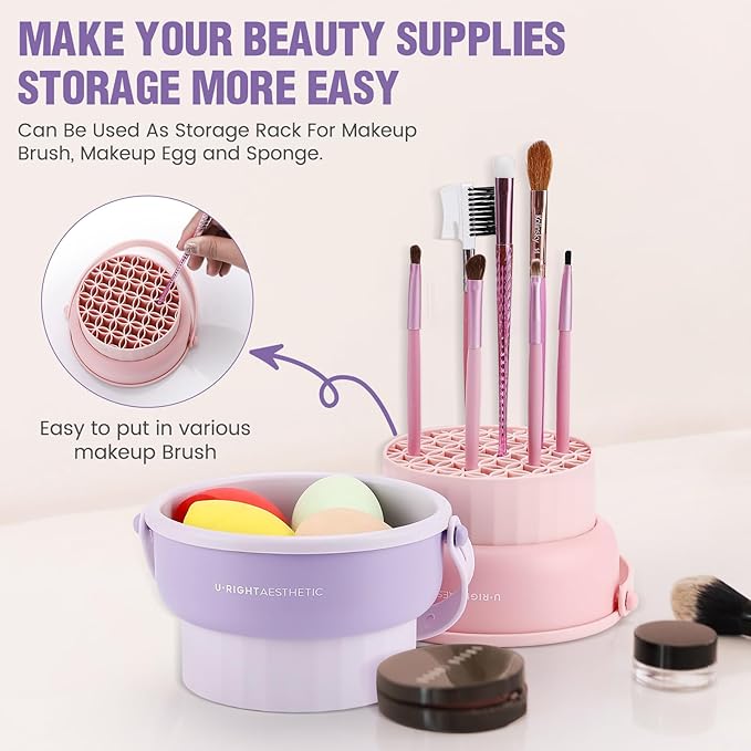GOLIKEE 2 Pack Makeup Brush Cleaner Mat 3 in 1 Silicone Makeup Brush Cleaner Makeup Brush Cleaning Bowl Makeup Brush Sponge Scrubber Tool for Cleaning, Storage And Upside Down Drying（Two Pink