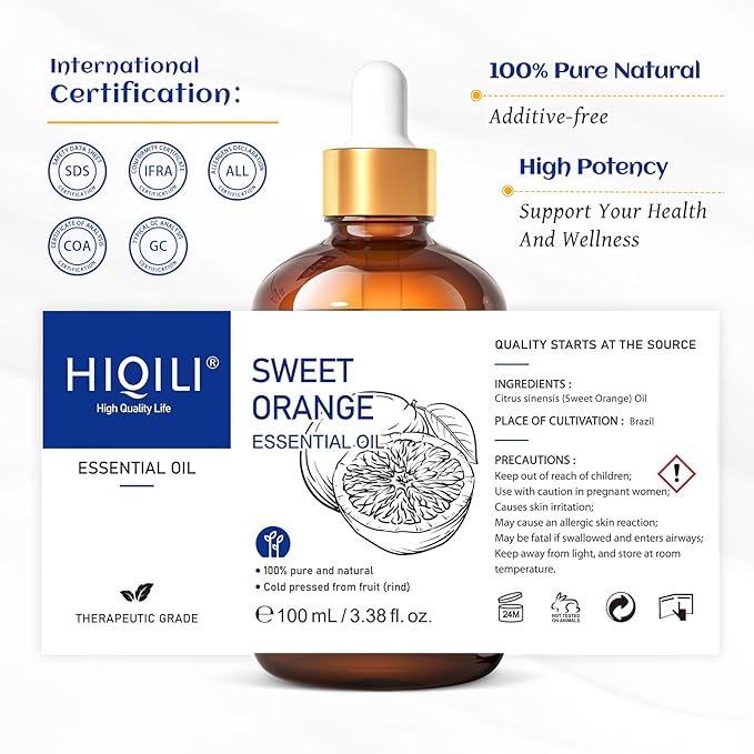 HIQILI Sweet Orange Essential Oil for Skin Care & Diffusers