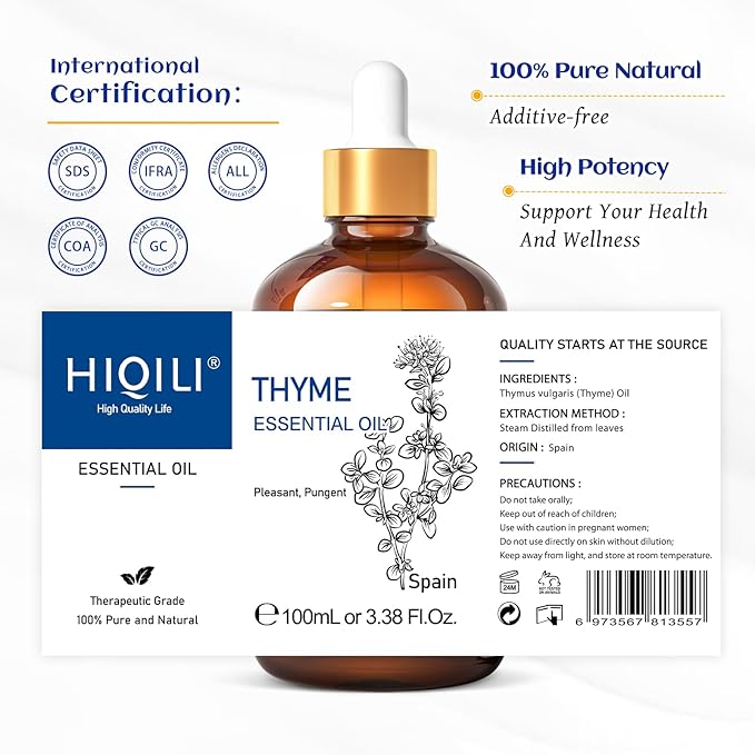 HIQILI Thyme Essential Oil for Skin Flare Care, DIY Spray, Diffuser