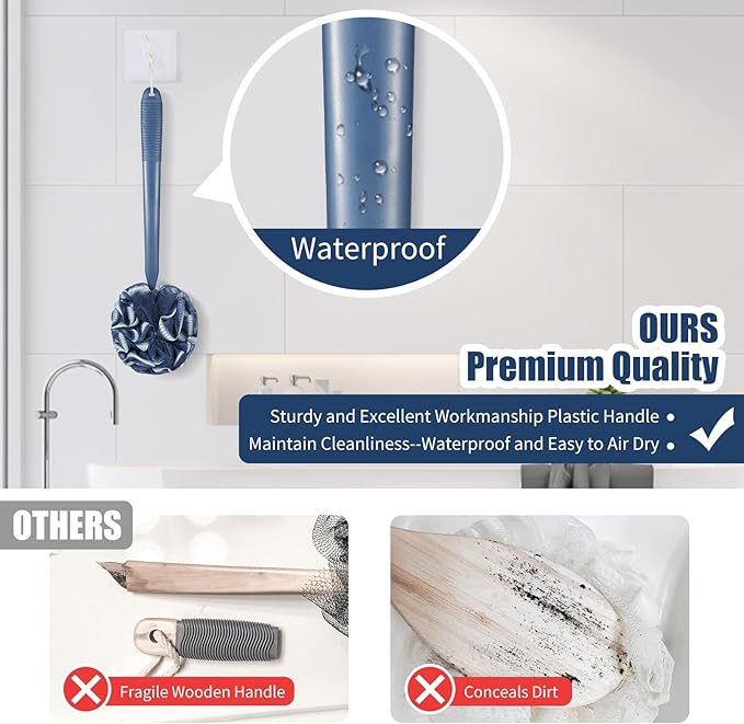 VANZAVANZU Loofah Sponge Set Loofah Exfoliating Body Scrubber, Anti-Slip Plastic 17" Handle Loofah on a Stick with Fluffy Shower Sponge, PE Soft Mesh Shower Loofahs-Blue with White Edge