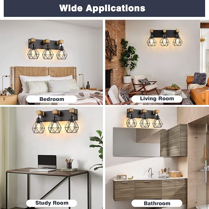 3-Light Farmhouse Bathroom Vanity Light Fixtures, Wood Bathroom Light Fixtures Over Mirror, Rustic Sconces Wall Lighting with Elegant Metal Lampshade for Living Room, Bedroom, Hallway