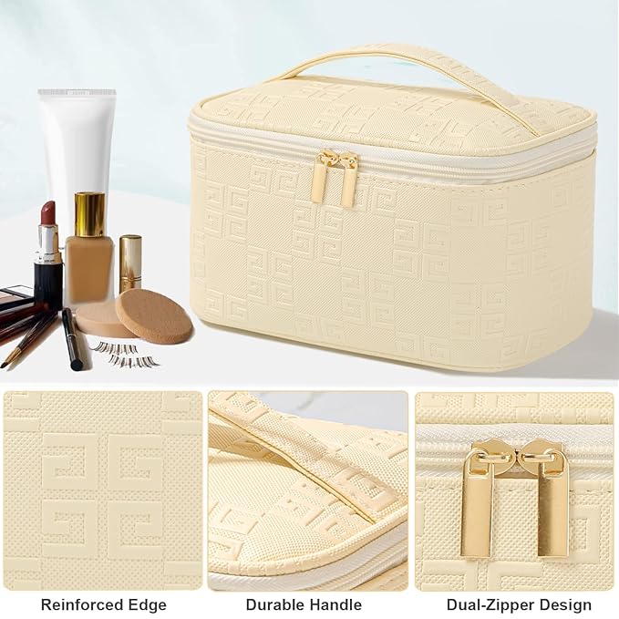 Meiyuuo Travel Makeup Bag for Women, PU Leather Cosmetic Bag, Light Purple