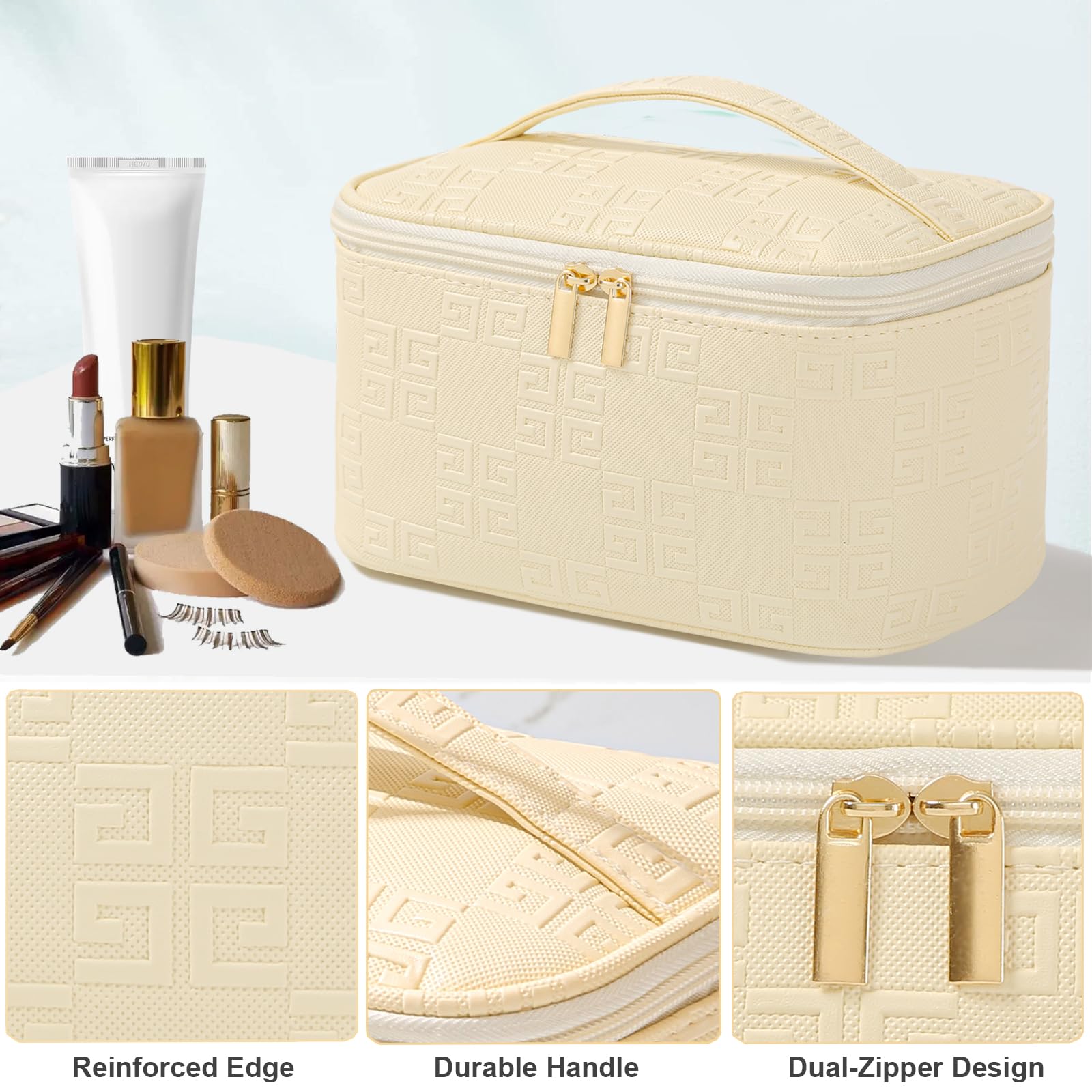 Meiyuuo Travel Makeup Bag for Women, PU Leather Cosmetic Bag, Light Purple