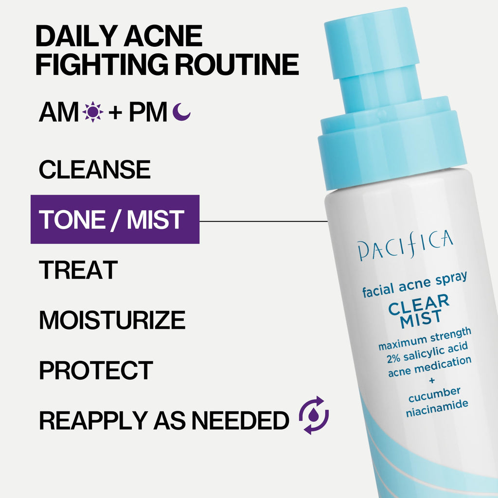 Pacifica Facial Spray for Acne Treatment - Clear Face Mist Acne Spray w/ 2% Salicylic Acid Niacinamide & Aloe - Acne Cleanser - Targets Bacteria for Teens & Adults Vegan Clean Dermatologist Tested