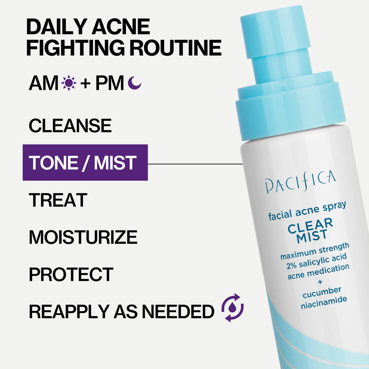 Pacifica Facial Spray for Acne Treatment - Clear Face Mist Acne Spray w/ 2% Salicylic Acid Niacinamide & Aloe - Acne Cleanser - Targets Bacteria for Teens & Adults Vegan Clean Dermatologist Tested