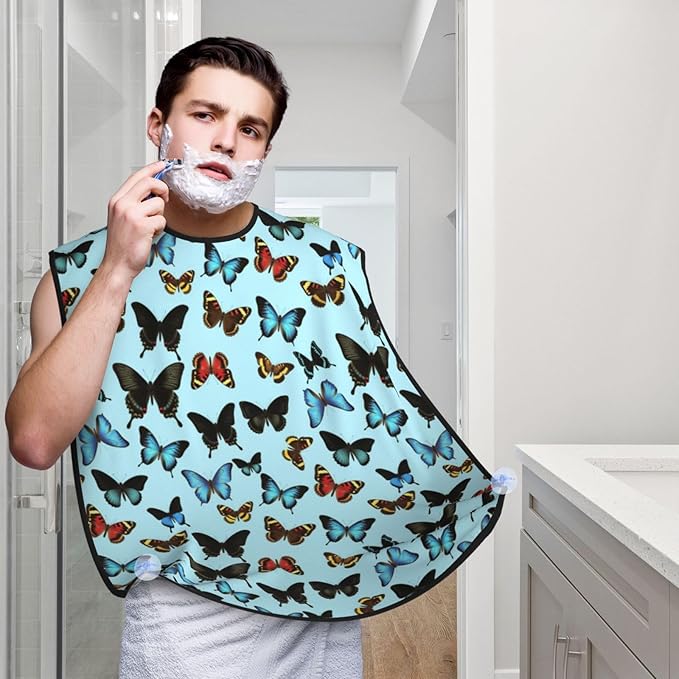 Beard Bib with 3 Suction Cups, Non-Stick Waterproof Hair Catcher Apron, Men's Shaving Essential for Grooming, Gothic Black Butterflies Light Blue Butterfly Shave Bib