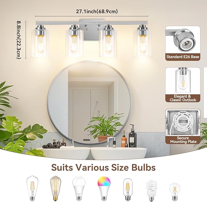 VerRon 4-Light Bathroom Light Fixtures, 27" Brushed Nickel Modern Vanity Lights Over Mirror with Clear Glass Shades, Classic Wall Light Fixture for Mirror Living Room Cabinet Bedroom Porch