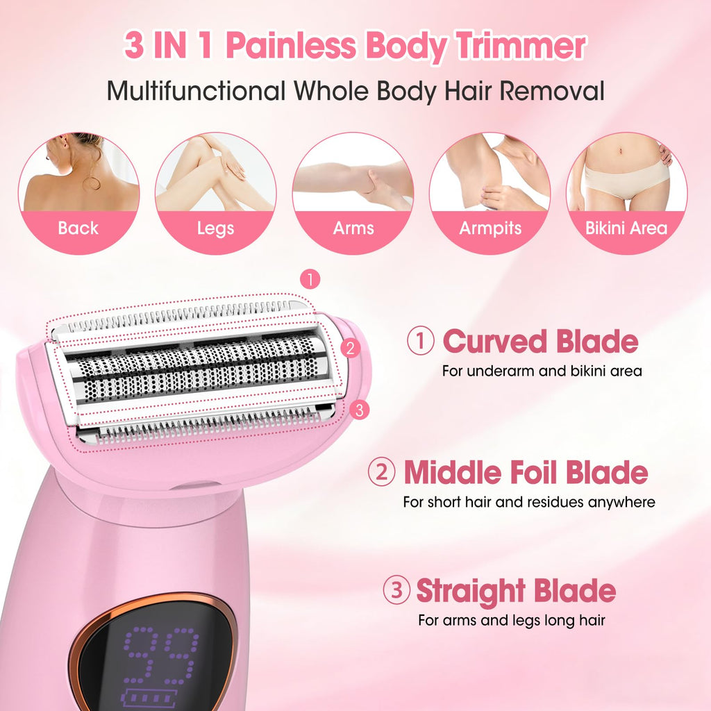 5 in 1 Bikini Trimmer for Women,IPX7 Waterproof Cordless Replaceable Pubic,Eyebrow,Facial Electric Razors&Nose Hair Trimmer&Painless Body Shaver for Arms Legs Underarms,USB Charge,LED Display,Wet&Dry
