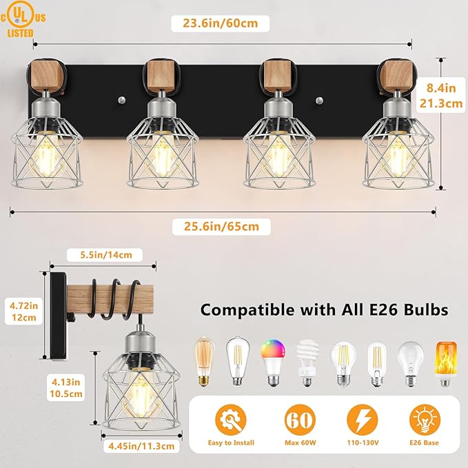 FadimiKoo Farmhouse Vanity Light for Bathroom, 4-Light Rustic Wood Black Bathroom Light Fixtures with Elegant Silver Metal Cage, Vintage Vanity Lights Over Mirror for Living Room Bedroom Hallway