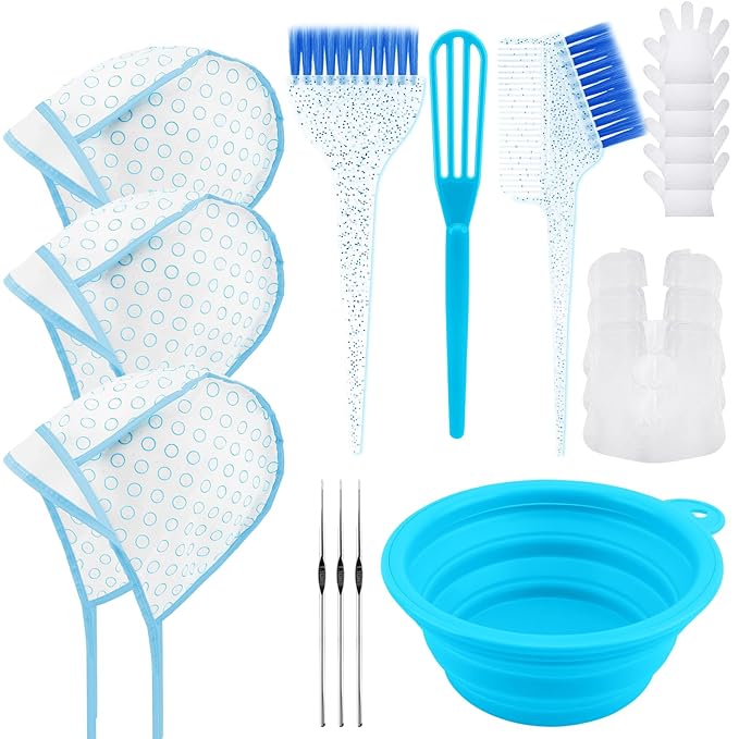 YOOVR 19PCS Hair Bleach Highlighting Kit with Hair Dye Brush and Bowl Set Color Whisk, Highlight Frosting Cap with Hook, Gloves Capes, Home Use Salon Tools for Hair Bleaching Coloring Dying (Blue)