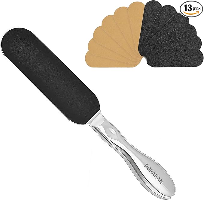 Professional Pedicure Foot File, Coarse/Fine Dual Sided and Reusable Stainless Steel Cracked Skin Corns Callus Remover Feet File with 12 Replaceable Coarse-Fine Foot Pads