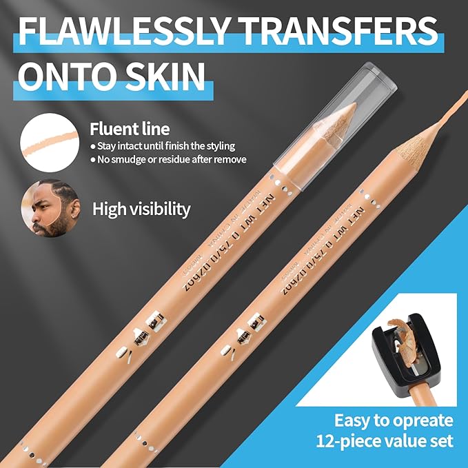Noerrors Barber Pencil for Lineup Beige Skin Tone Magic Hairline Pencils Barber Chalk Set Beard Guide Pen with Sharpener Ruler Brush for Goatee Hair Design Shaping Trace Grooming Makeup Tool for Men