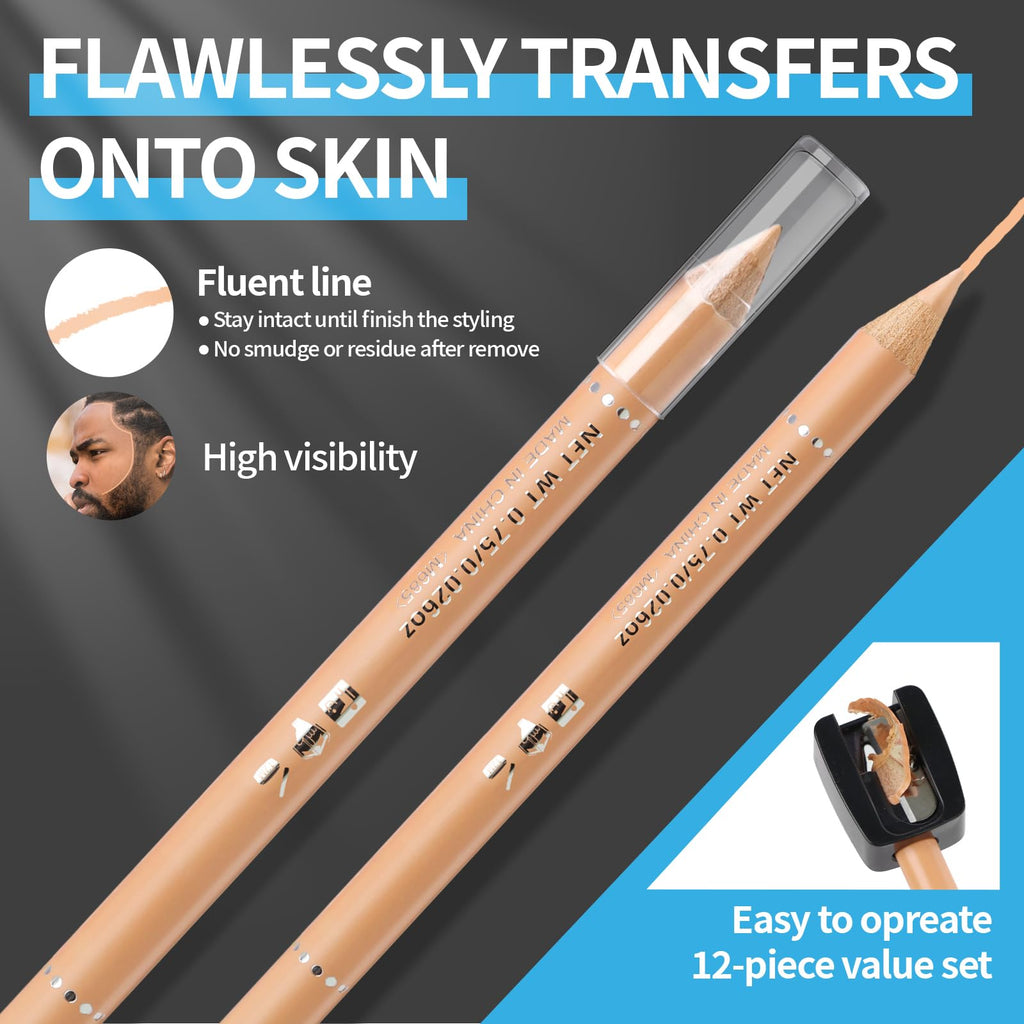 Noerrors Barber Pencil for Lineup Beige Skin Tone Magic Hairline Pencils Barber Chalk Set Beard Guide Pen with Sharpener Ruler Brush for Goatee Hair Design Shaping Trace Grooming Makeup Tool for Men
