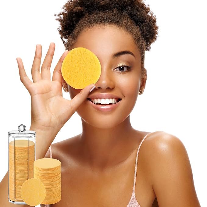 120 Pcs Compressed Facial Sponges Natural Face Exfoliator Disposable Face Sponges for Cleansing Round Soft Facial Scrubber Pads with Storage Container for Makeup Removal Esthetician Supplies Travel