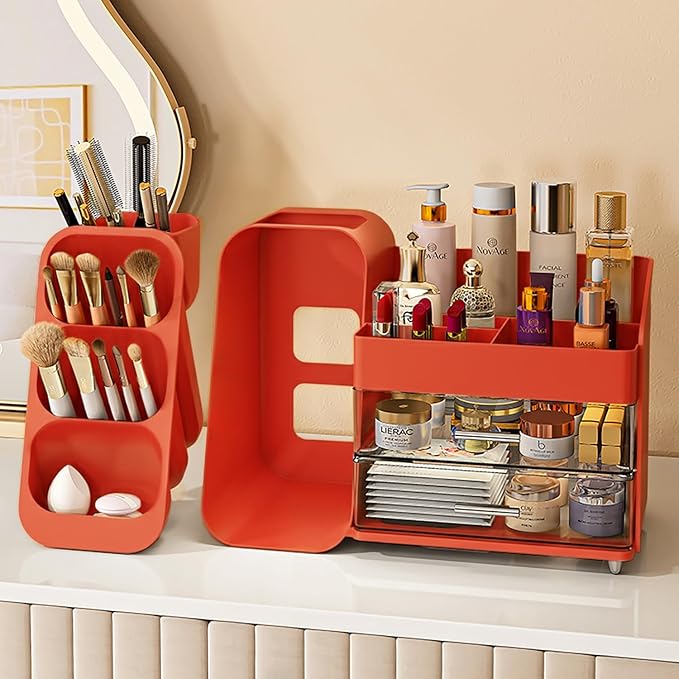 Booklov Large Makeup Organizer for Vanity Countertop, Red