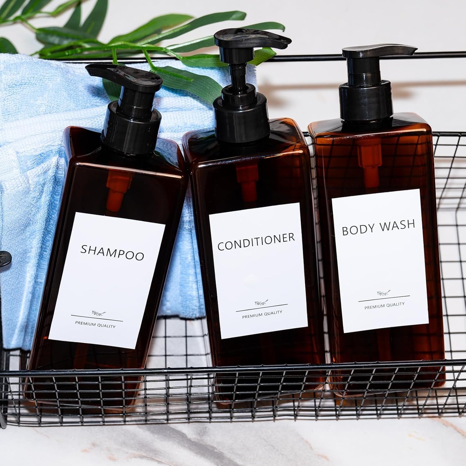 Shampoo and Conditioner Dispenser Set, 3Pack Refillable Shampoo and Conditioner Bottles with Labels, 500ml Soap Dispenser 16.9oz Shower Dispenser Square Pump Bottle for Bathroom and Kitchen - Amber