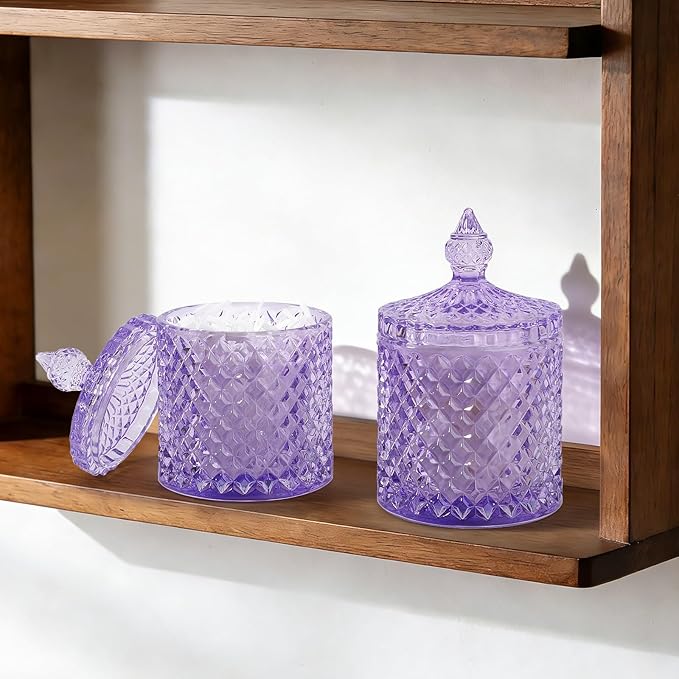 rejomiik 2 Pack Qtip Holder Apothecary Jars with Lid, Thick Glass, Purple