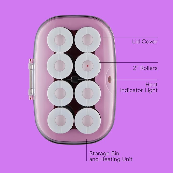 Conair Hot Rollers for Long, Medium & Short Hair, 8 Ceramic Flocked 2-Inch Heated Hair Rollers with Clips, Hot Curlers for Women, Volume & Curls, Amazon Exclusive, Lilac