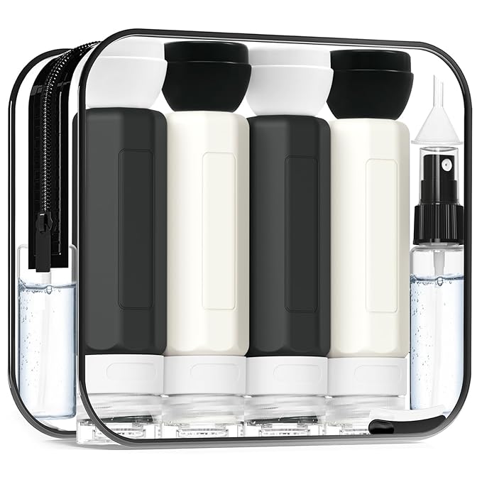 Redfly 17 Pack Travel Bottles for Toiletries, Tsa Approved 3oz Travel Size Containers, Leak Proof Travel Size Toiletries Bottles Silicone, BPA Free Refillable Shampoo Conditioners Kits, Black&White