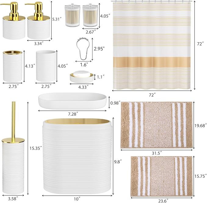 InnJoey Bathroom Set - Bathroom Sets with Shower Curtain and Rugs, 25PC Bathroom Accessory Set, White Bathroom Accessories Set with Trash Can, Soap Dispensers