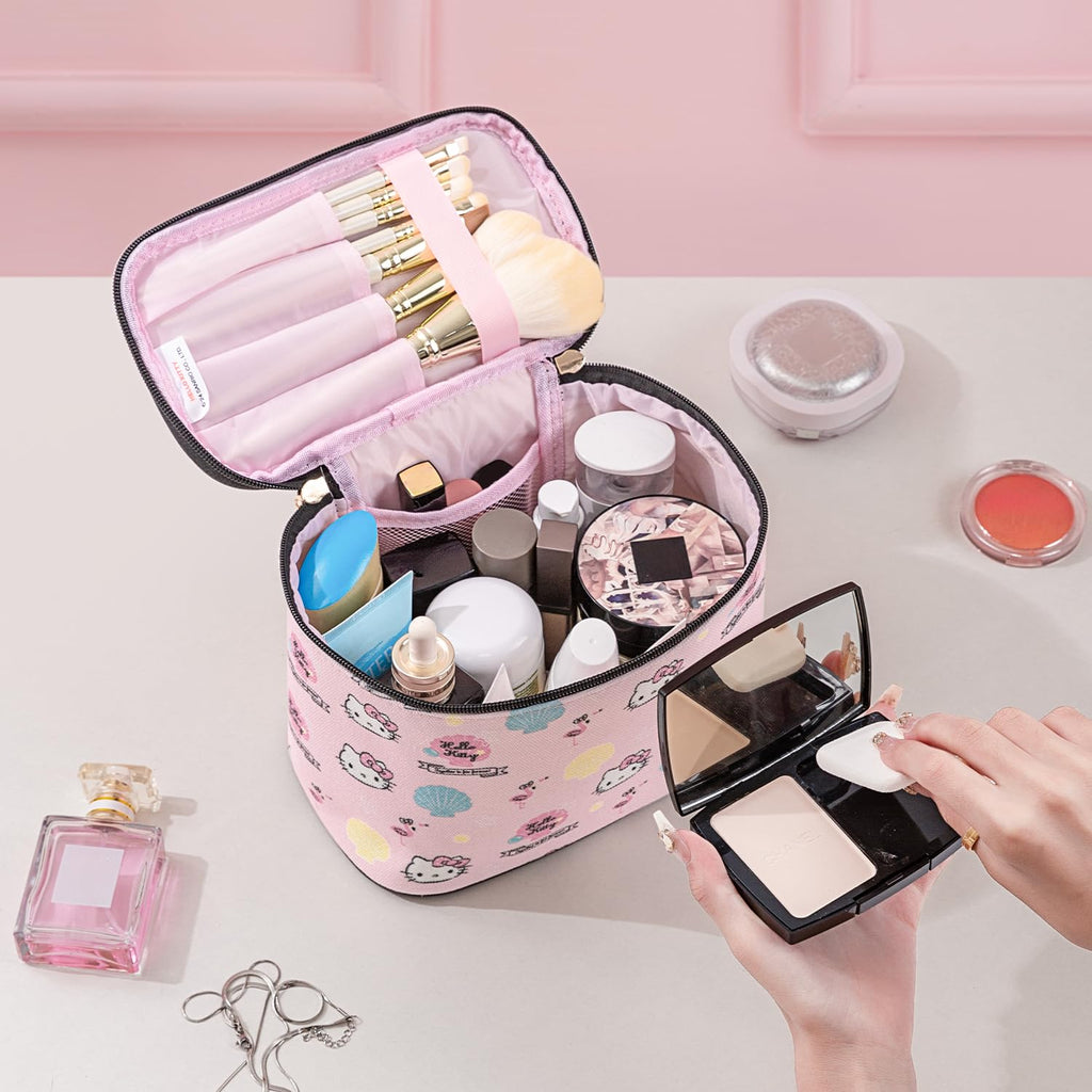 Vimanllie Cosmetic Bag Large Makeup Bag |Travel Toiletry Bags Organizer for Women | Pink Canvas Case with Brush Holder for Girls - Beauty Organizer for Home & Travel with Handle