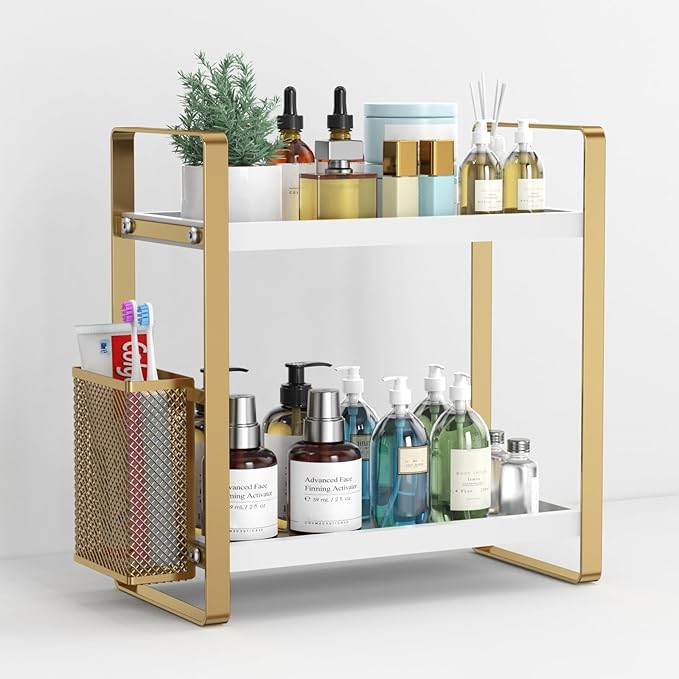 LEMIKKLE 2-Tier Wood Bathroom Counter Organizer with Basket,Waterproof Vanity Perfume Skincare Storage for Bathroom, Kitchen, Dresser