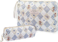 Gosect 2PC Makeup Bag Set, Cute Cosmetic Bag for Women Girls, Floral Coquette Aesthetic Toiletry Bag, Travel Make Up Organizer Bag (Argyle Bear)