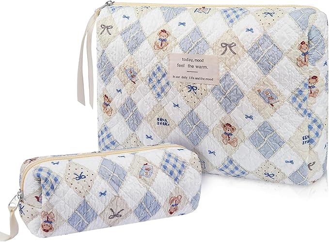 Gosect 2PC Makeup Bag Set, Cute Cosmetic Bag for Women Girls, Floral Coquette Aesthetic Toiletry Bag, Travel Make Up Organizer Bag (Argyle Bear)