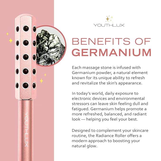 YOUTHLUX Radiance Roller – Germanium Stone Facial Massage Tool/Wand Face Roller for Lifting, Sculpting, De-Puffing, Glow Boost, Energizing & Cooling Effect (Rose Gold)