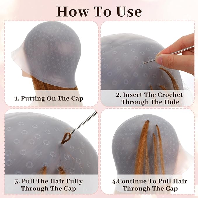Self-Punching Silicone Highlight Cap for Hair 4pcs Silicone Professional Reusable Hairdressing Dyeing Staining Tools for Bleach, Includes Dye Brush Single-Sided Brushes & Double-Sided Brush