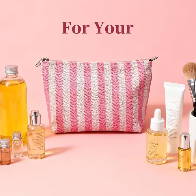 itgowisa Pink Striped Makeup Bag, Travel Makeup Pouch for Women, Purse