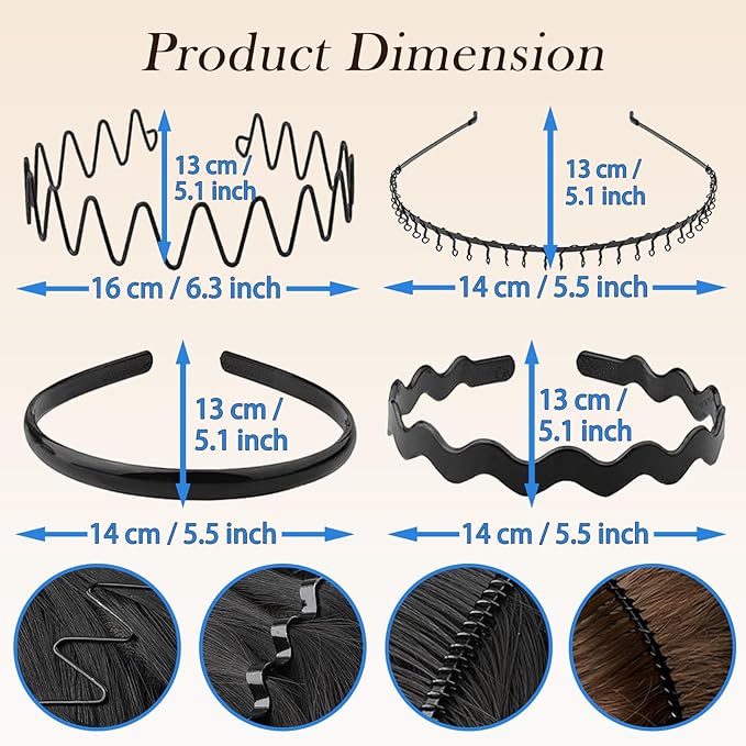 Unisex Metal Headband - Adjustable unisex wavy metal headband, Black Serrated Hairband, Simple Spring Hairband with Anti-Slip Design for Sports and Daily Use. (10 Pack)