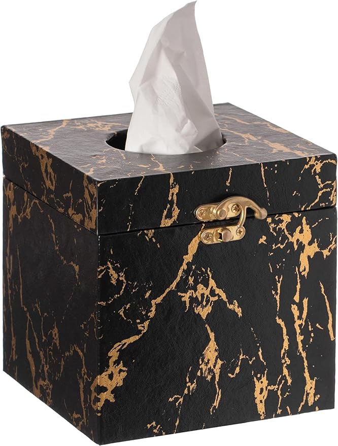 UPPER DECOR Black and Gold Marble Tissue Box Cover for Kleenex Box, Modern Elegant Tissue Box Holder with Lock for Bathroom, Bedroom, and Living Room, Square Shape Toilet Tissue Holder Organizer