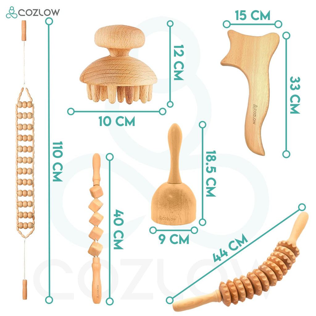 COZLOW 6-in-1 Wood Therapy Massage Tools - Professional Maderoterapia Kit for Body Sculpting, Shaping, Fascia Release & Lymphatic Drainage - Maderotherapy Helps Reduce Cellulite Appearance