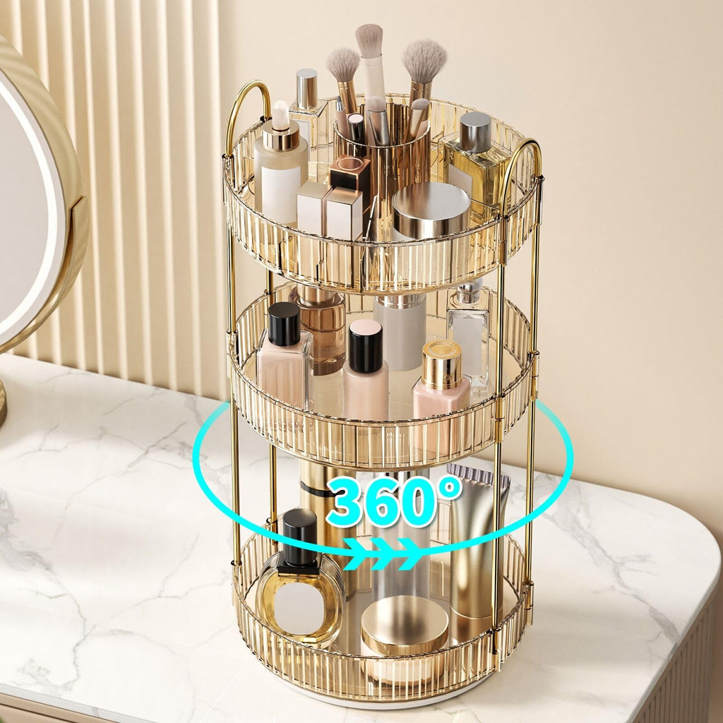 360° Rotating Makeup Organizer, Large-Capacity Skincare Make Up Storage 3 Tier Perfume Organizers Cosmetic Dresser Organizer with Makeup Brush Holder, Fits Bedroom, Bathroom, Vanity Shelf Countertop